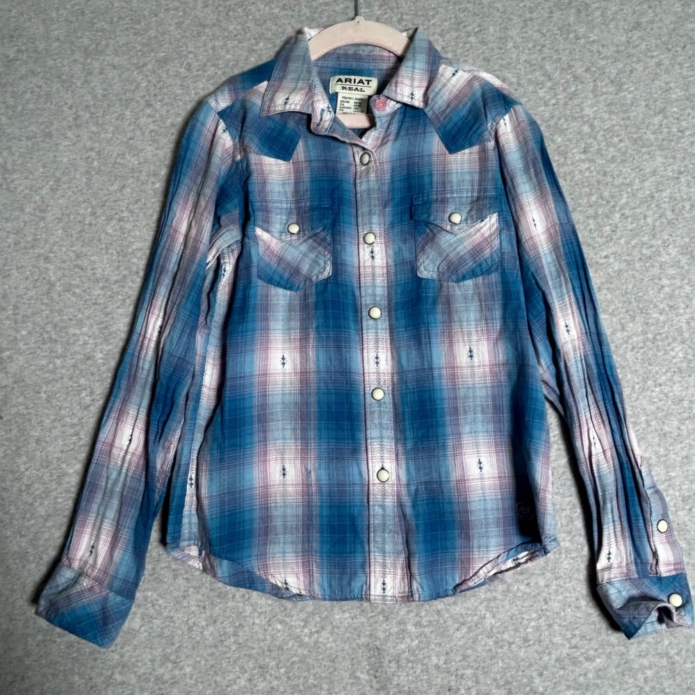 Ariat REAL Western Shirt Youth M 10 Blue Pink Plaid Pearl Snap Cowgirl Rodeo